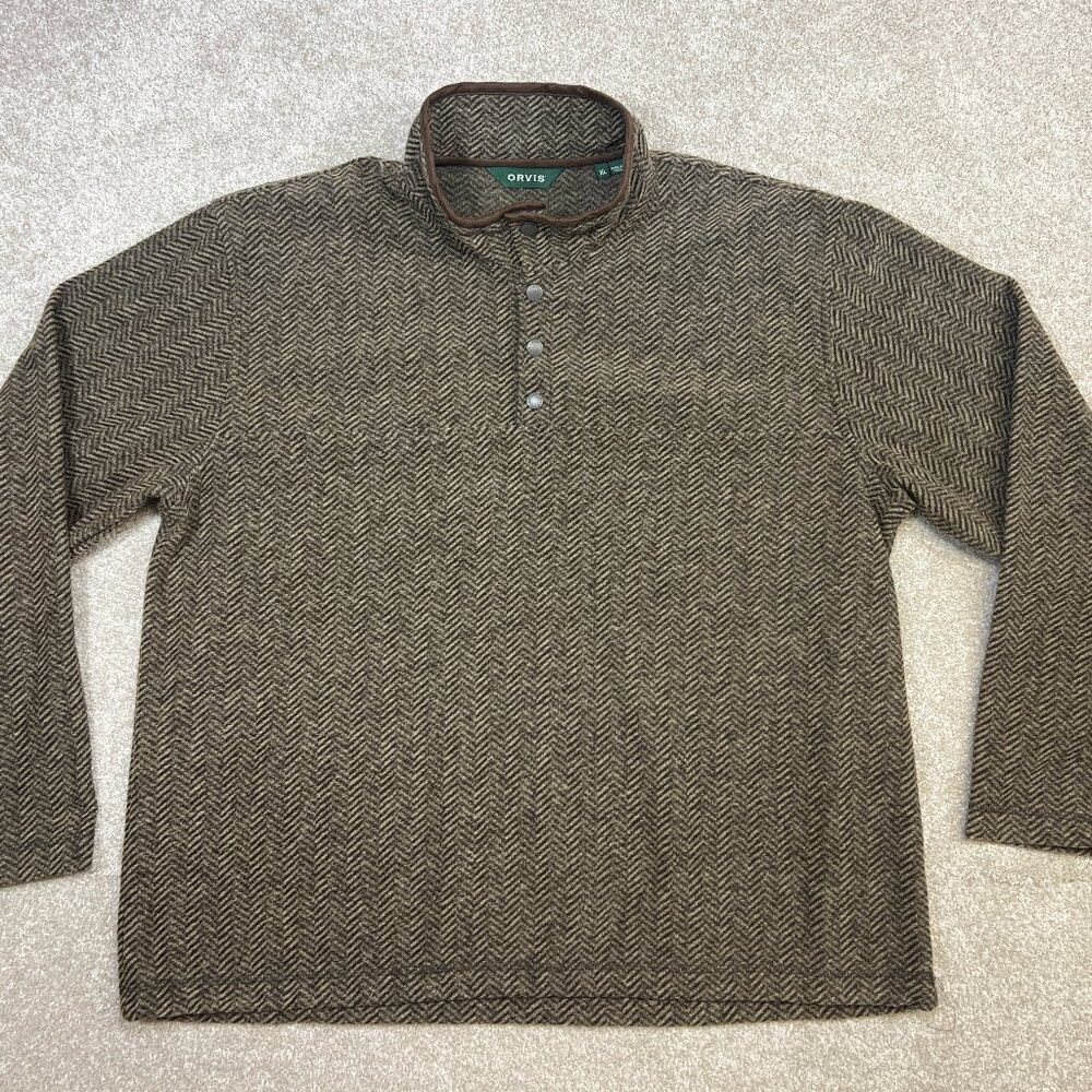 Orvis Men’s Brown Herringbone Snap Top Sweater Size XL